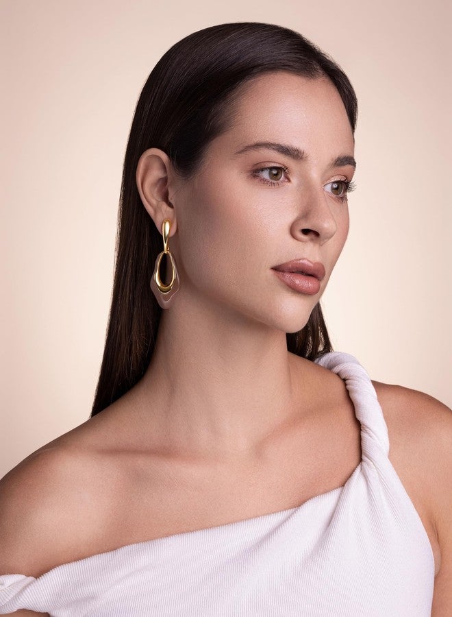 SNGIA Brown Beige Large Long Oval Chunky Dangle Irregular 18K gold plated Enamel Resin Hoops Statement Earrings for Women by SNGIA, Big Bold Tan Drop Handmade Exaggerated Trendy Bohemian Flower Jewelry Gifts, Unique Teardrop Baroque Summer Beach Floral Fashion Earrings Accessories, Vintage Nickle Free Huggies Earrings. - Image 2